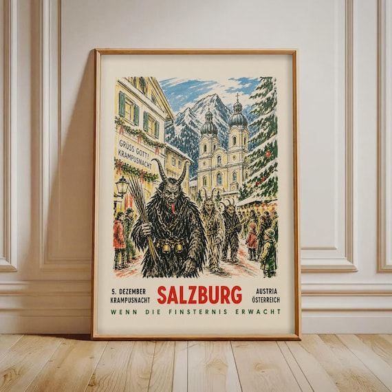 Salzburg Krampusnacht Print Austrian Christmas Folk Art Poster Vintage Alpine Winter Wall Holiday Decor