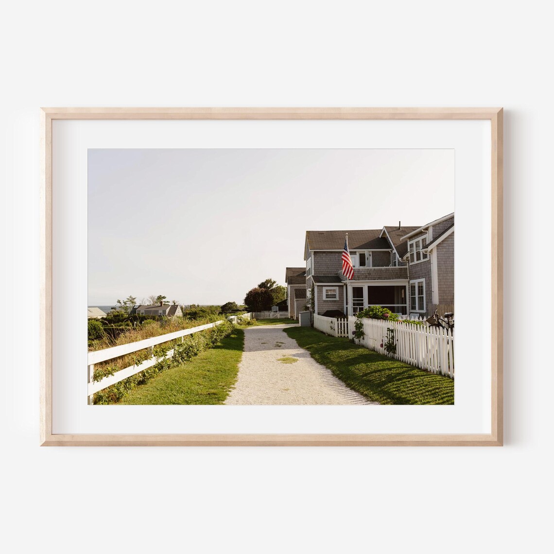 Nantucket Shingle Cottages on a Sunny Gravel Lane in Summer Poster
