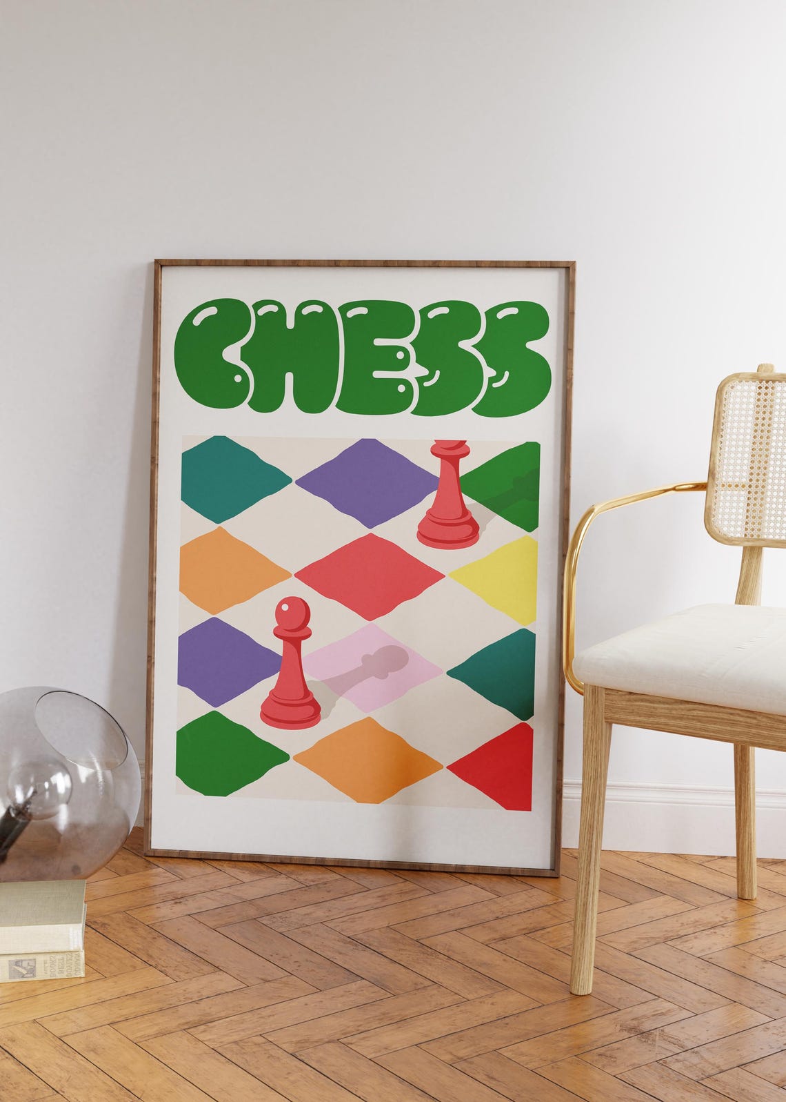 Retro Chess Game Green Bubble Letter Colorful Game Decor Poster