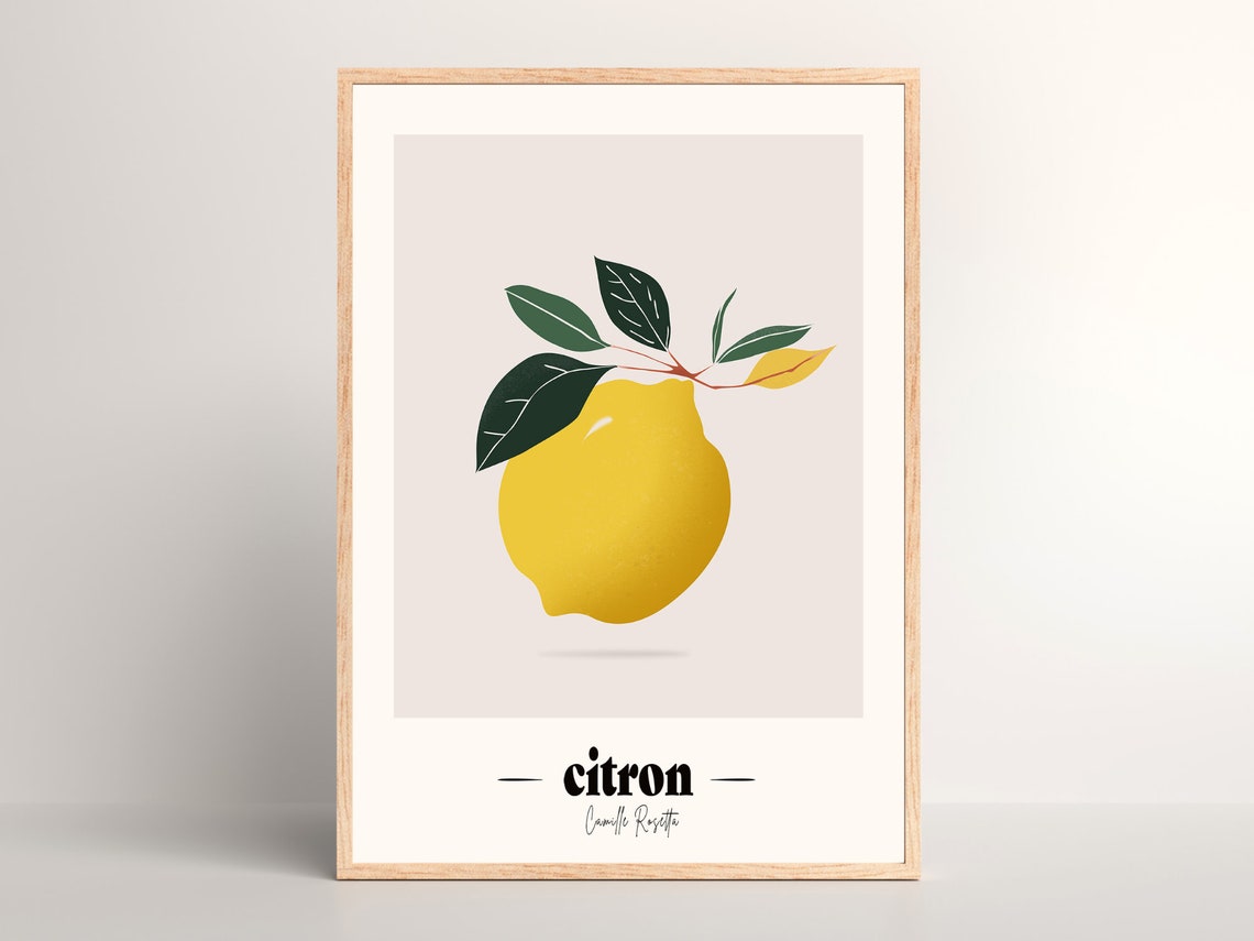 Minimalist Lemon Illustration Yellow Wall Decor French Fruit Name Print Art Kitchen