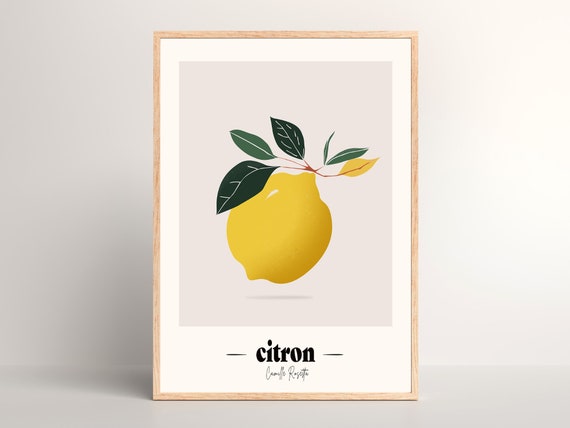 Minimalist Lemon Illustration Yellow Wall Decor French Fruit Name Print Art Kitchen