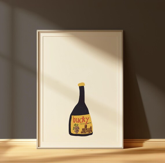 Bucky Tonic Wine Bottle Whimsical Bar Cart Illustration Poster