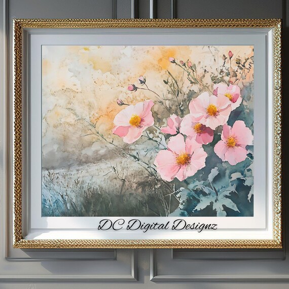 Pink Cosmos Wildflowers in Sunny Field Watercolor Botanical Poster