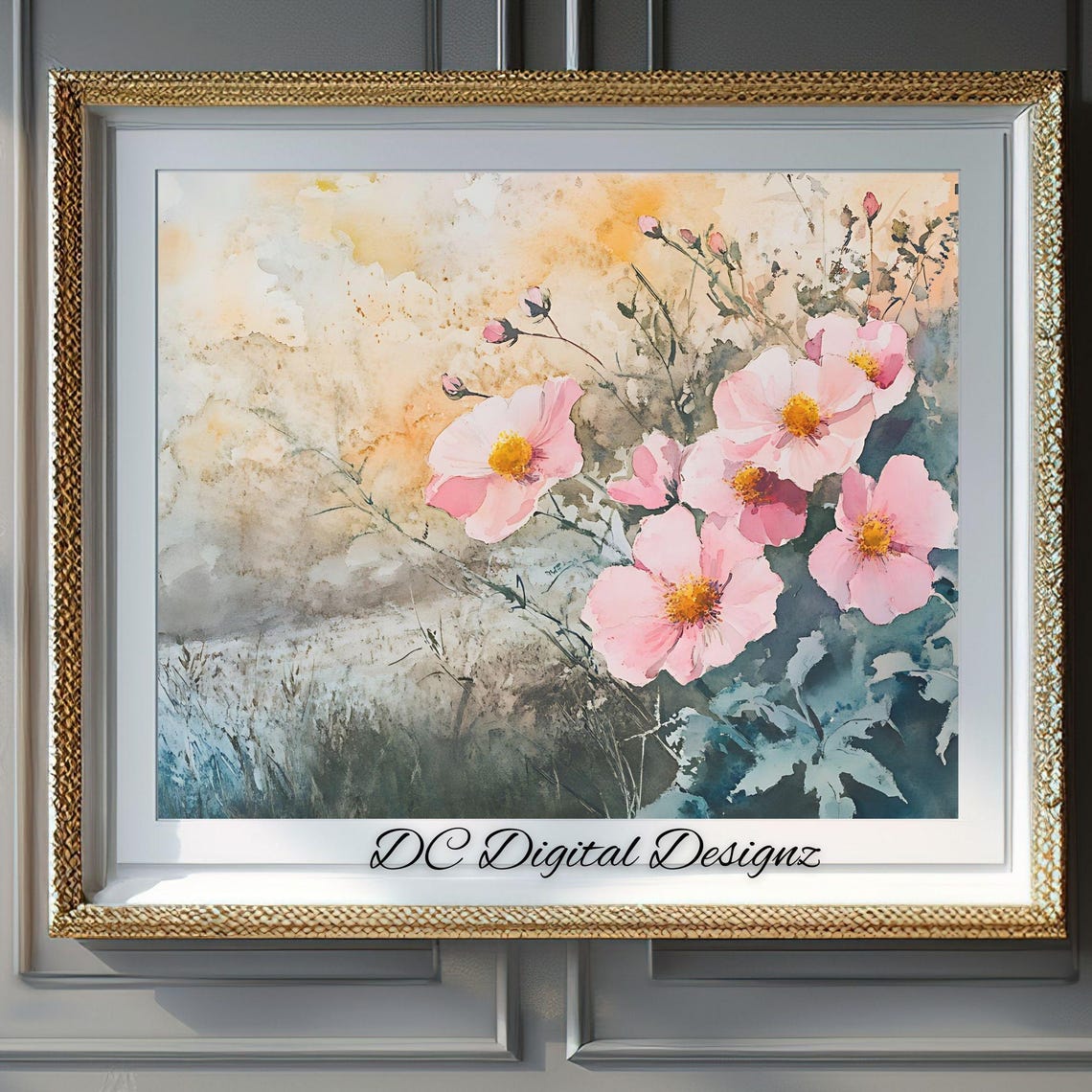Pink Cosmos Wildflowers in Sunny Field Watercolor Botanical Poster