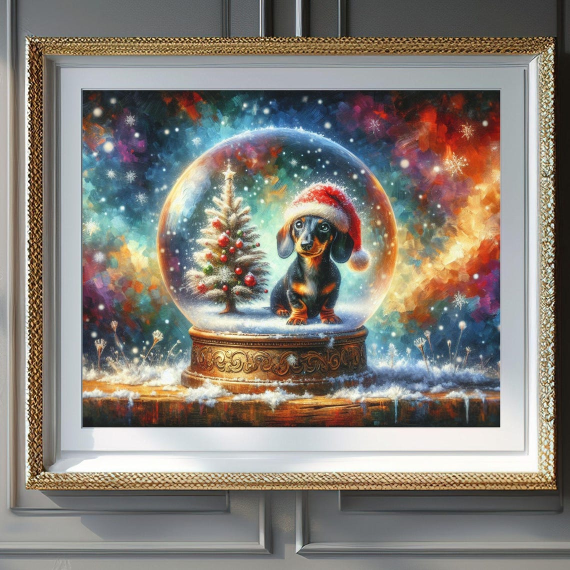 Dachshund Puppy in Santa Hat Inside a Christmas Snow Globe Poster
