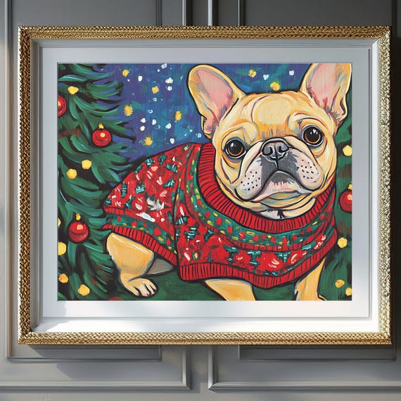 Christmas Wall Art French Bulldog Wall Art Christmas Sweater Dog Print Holiday Pet Art Cute Frenchie Decor Instant Gift