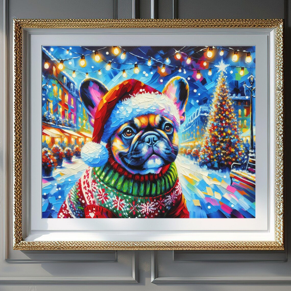 French Bulldog Santa Hat Sweater Night Market Christmas Dog Poster