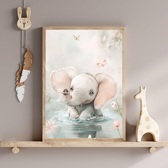 Baby Elephant Splashing Water Butterflies Nursery Room Poster