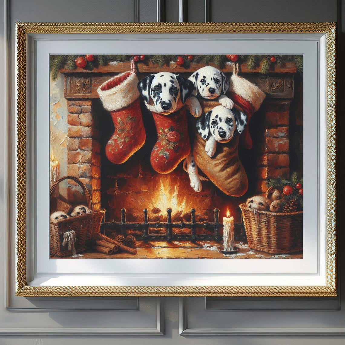Dalmatian Puppies Christmas Stockings Fireplace Festive Dog Poster