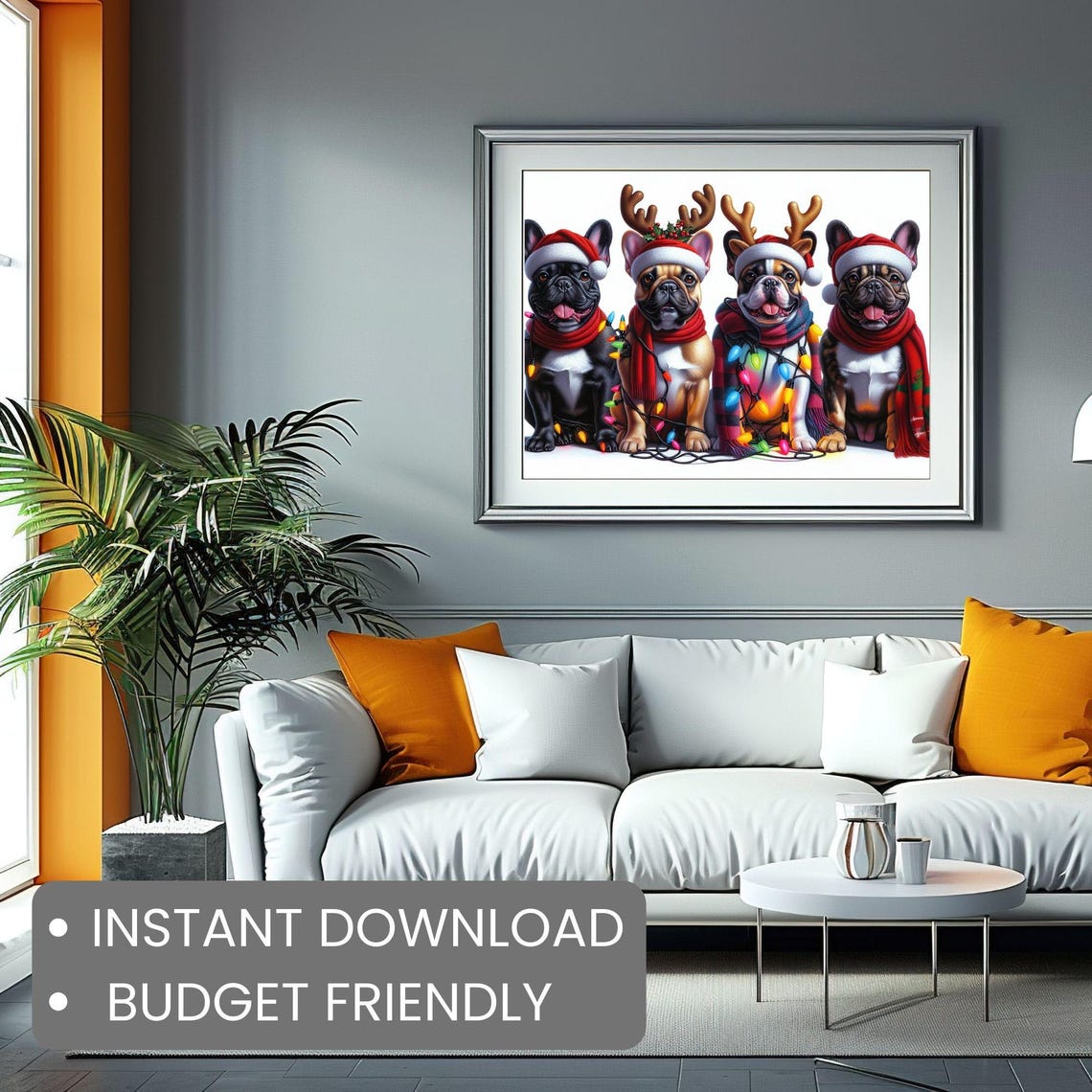 Christmas Wall Art Digital Wall Art Of 4 French Bulldogs In Christmas Lights Hats Festive Holiday Frenchie Decor - Image 2