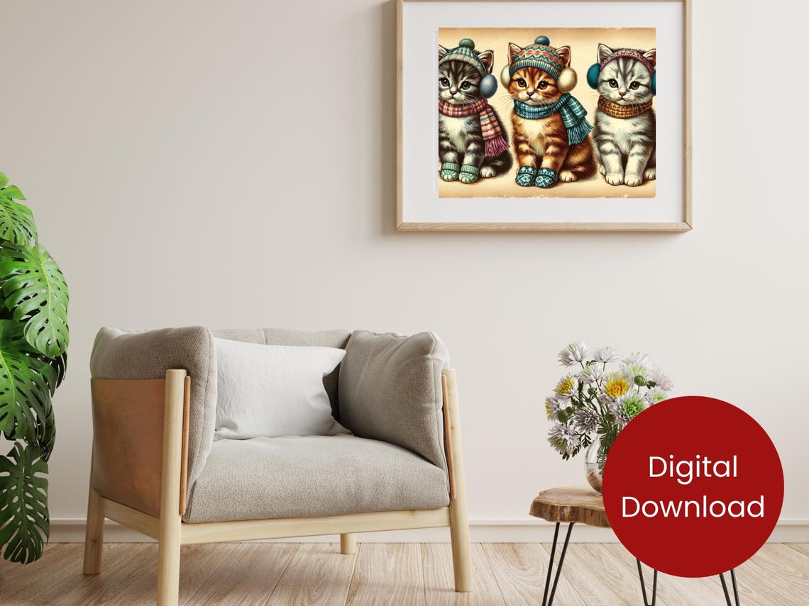 Three Kittens in Knit Hats and Scarves Vintage Style Winter Poster - Image 2