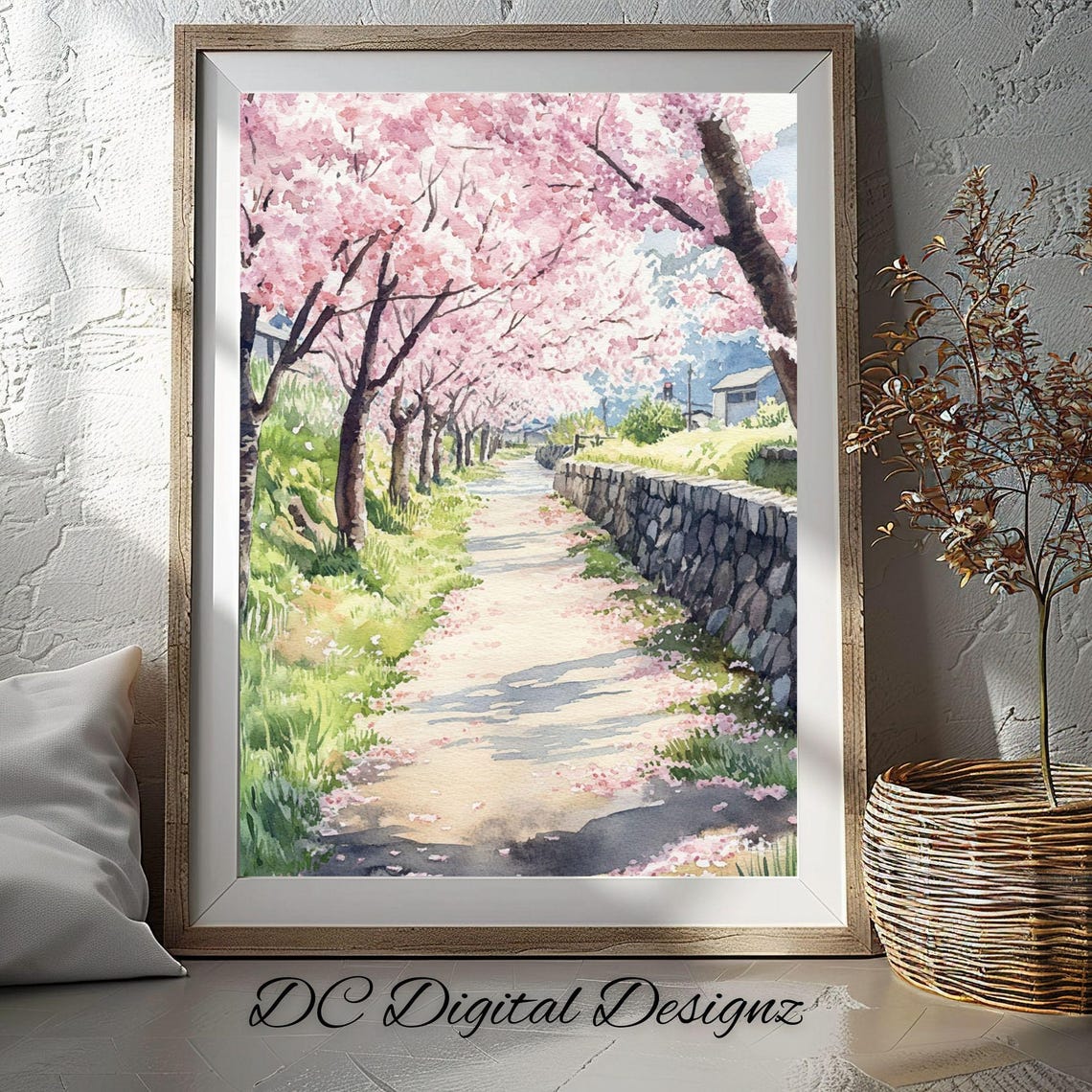 Cherry Blossom Lane Stone Wall Falling Petals Spring Watercolor Poster