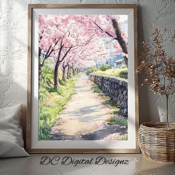 Cherry Blossom Lane Stone Wall Falling Petals Spring Watercolor Poster