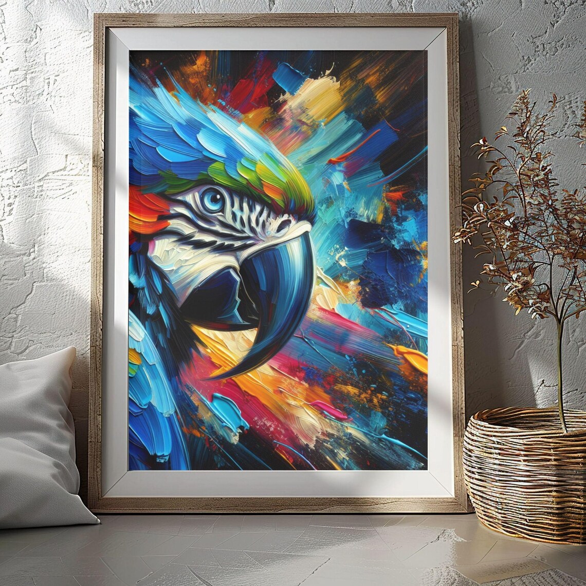 Vibrant Macaw Parrot Close Up Abstract Oil Painting Bird Poster