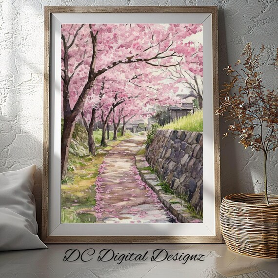 Cherry Blossom Path Stone Wall Pink Petals Spring Watercolor Poster