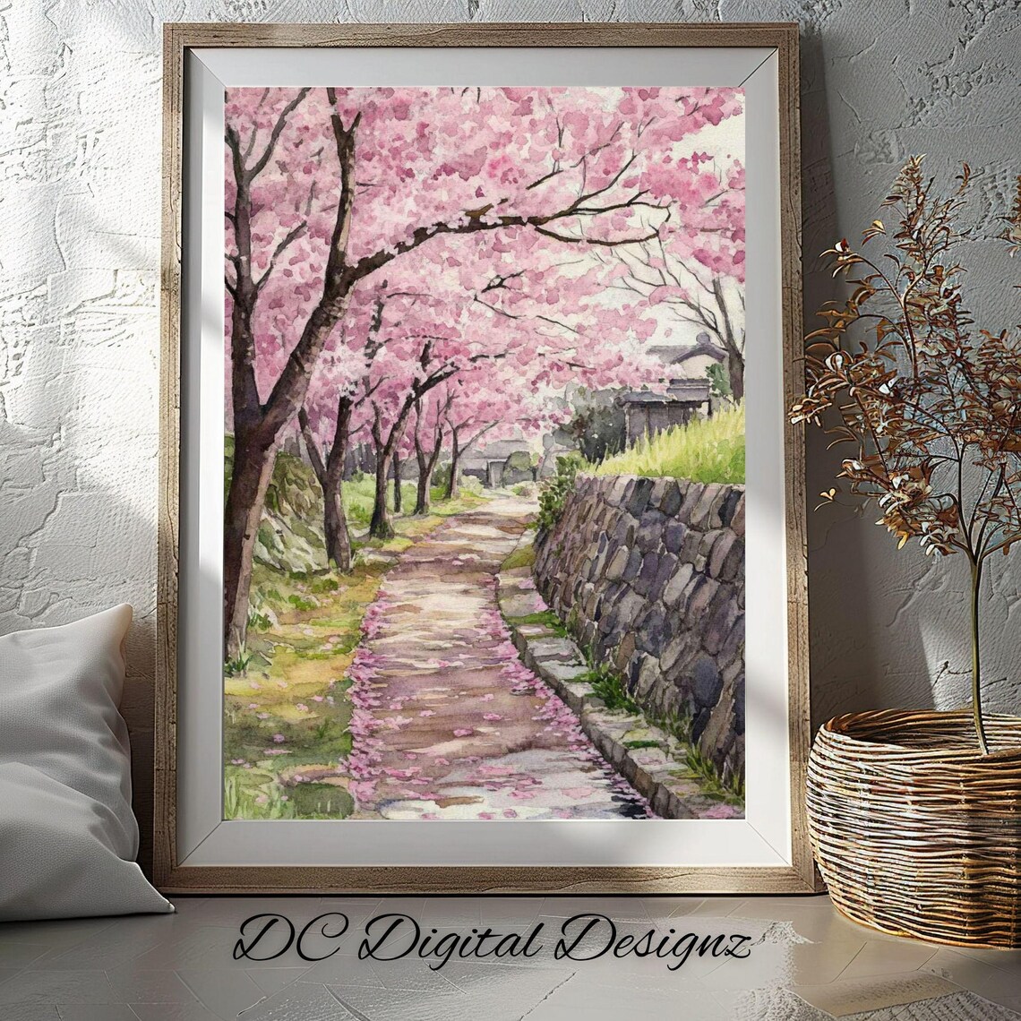 Cherry Blossom Path Stone Wall Pink Petals Spring Watercolor Poster