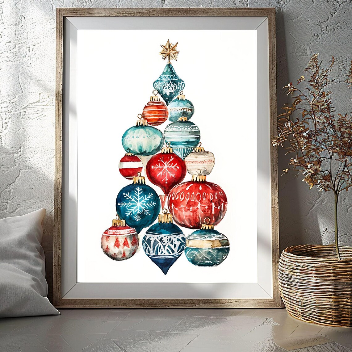Christmas Ornament Tree Watercolor Red Teal Baubles Holiday Poster