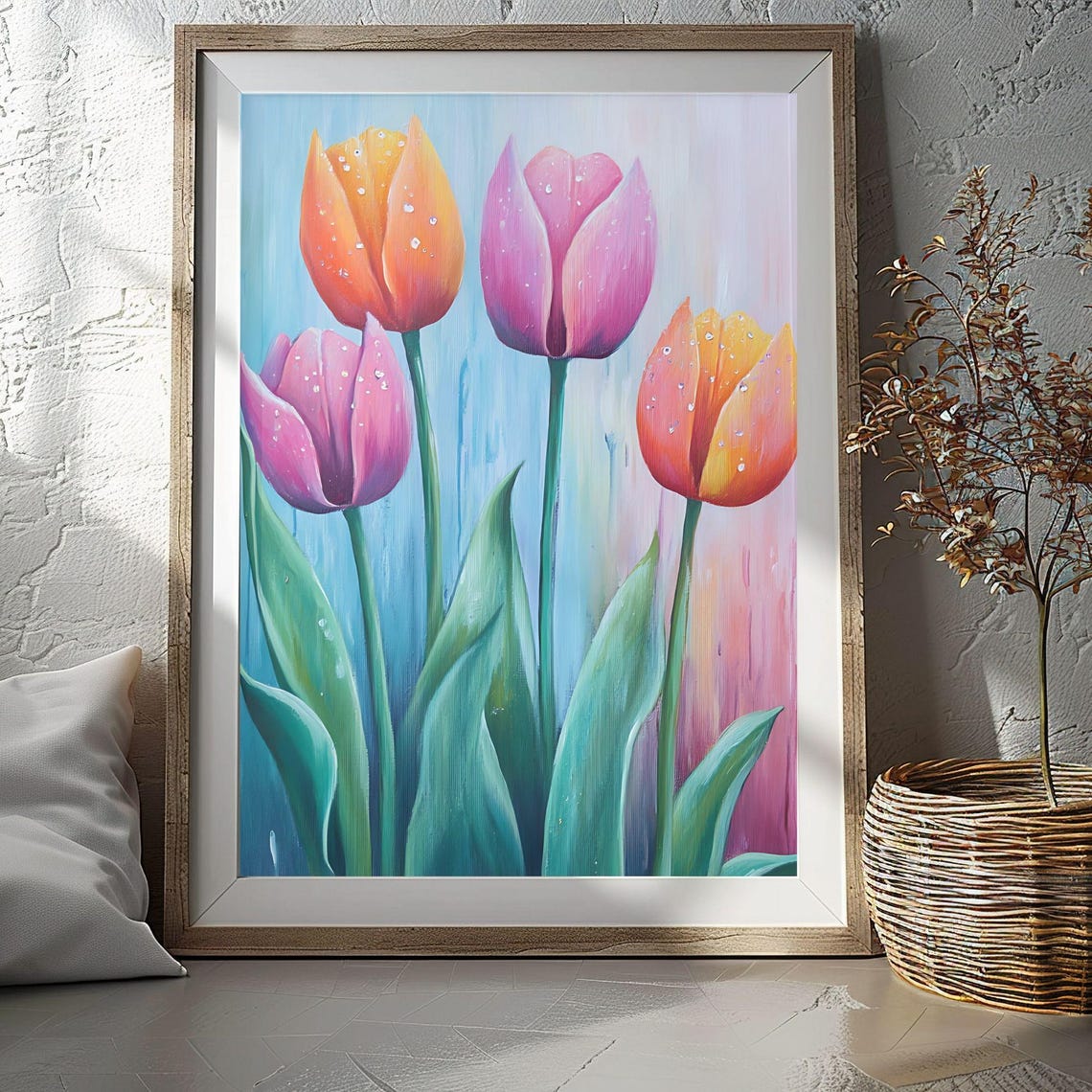 Colorful Tulips with Morning Dew Spring Garden Flowers Poster