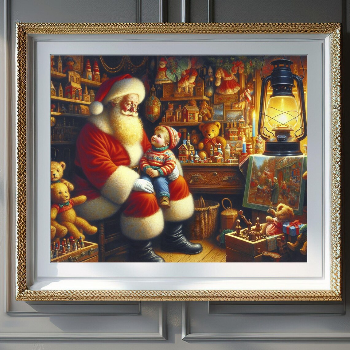 Santa Claus With Child On Lap Vintage Toy Workshop Christmas Poster