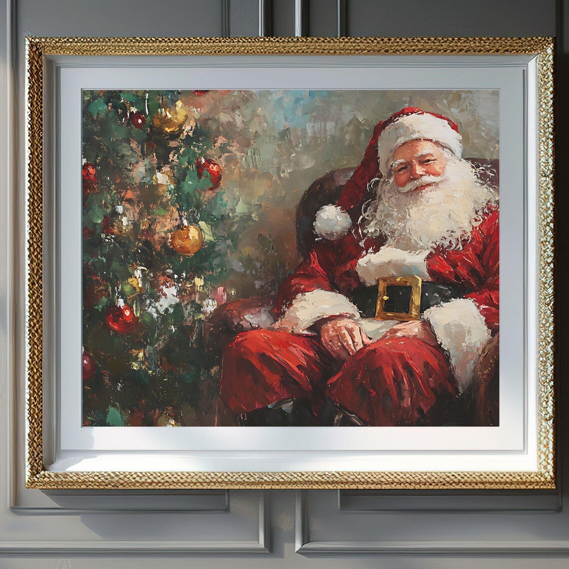 Santa Claus Resting By Christmas Tree Vintage Oil Painting Poster