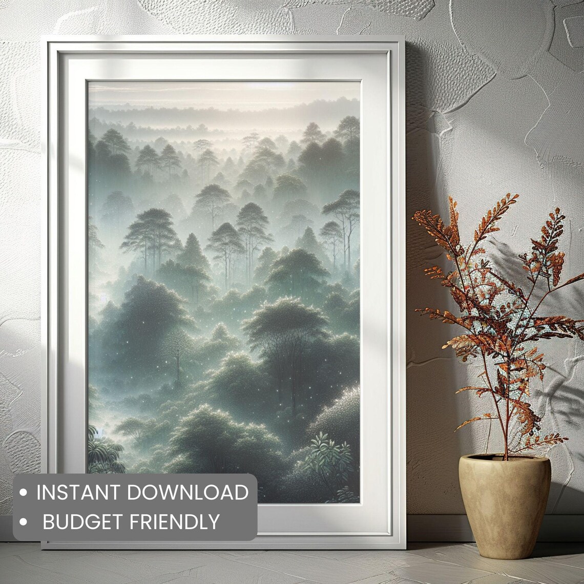 Serene Misty Morning Forest Foggy Woodland Landscape Wall Art - Image 2