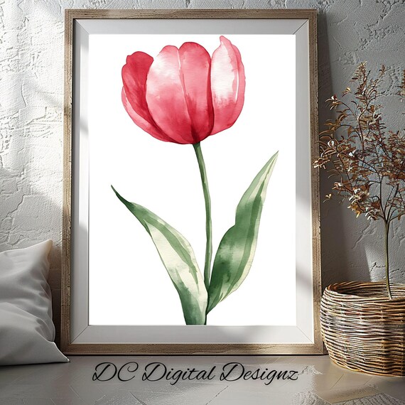 Red Pink Tulip Watercolor Single Flower Minimalist Art Poster