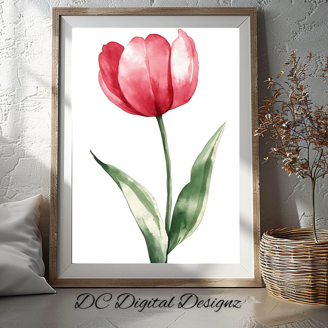 Red Pink Tulip Watercolor Single Flower Minimalist Art Poster
