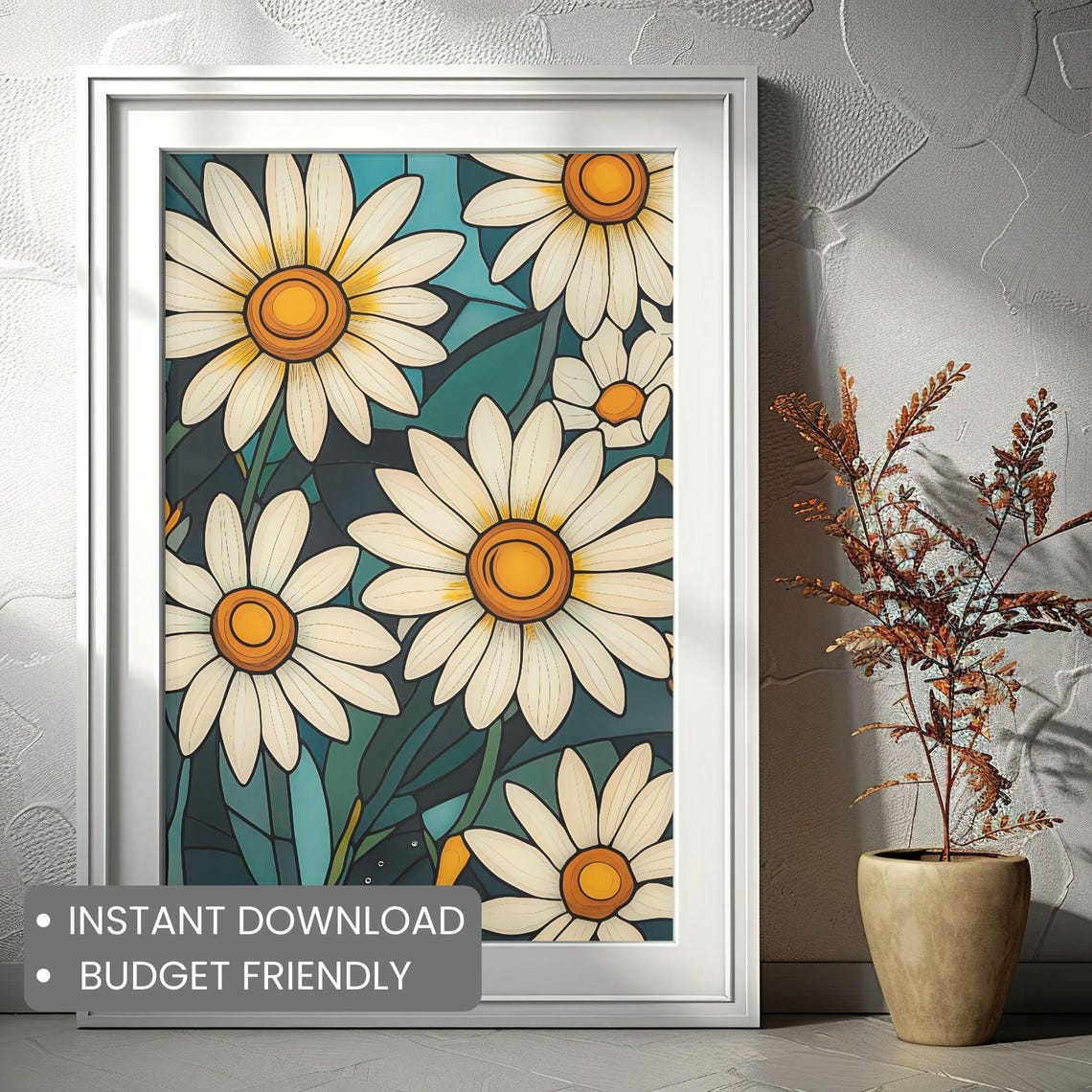 Stained Glass Daisies Dark Teal Background Floral Art Poster - Image 2