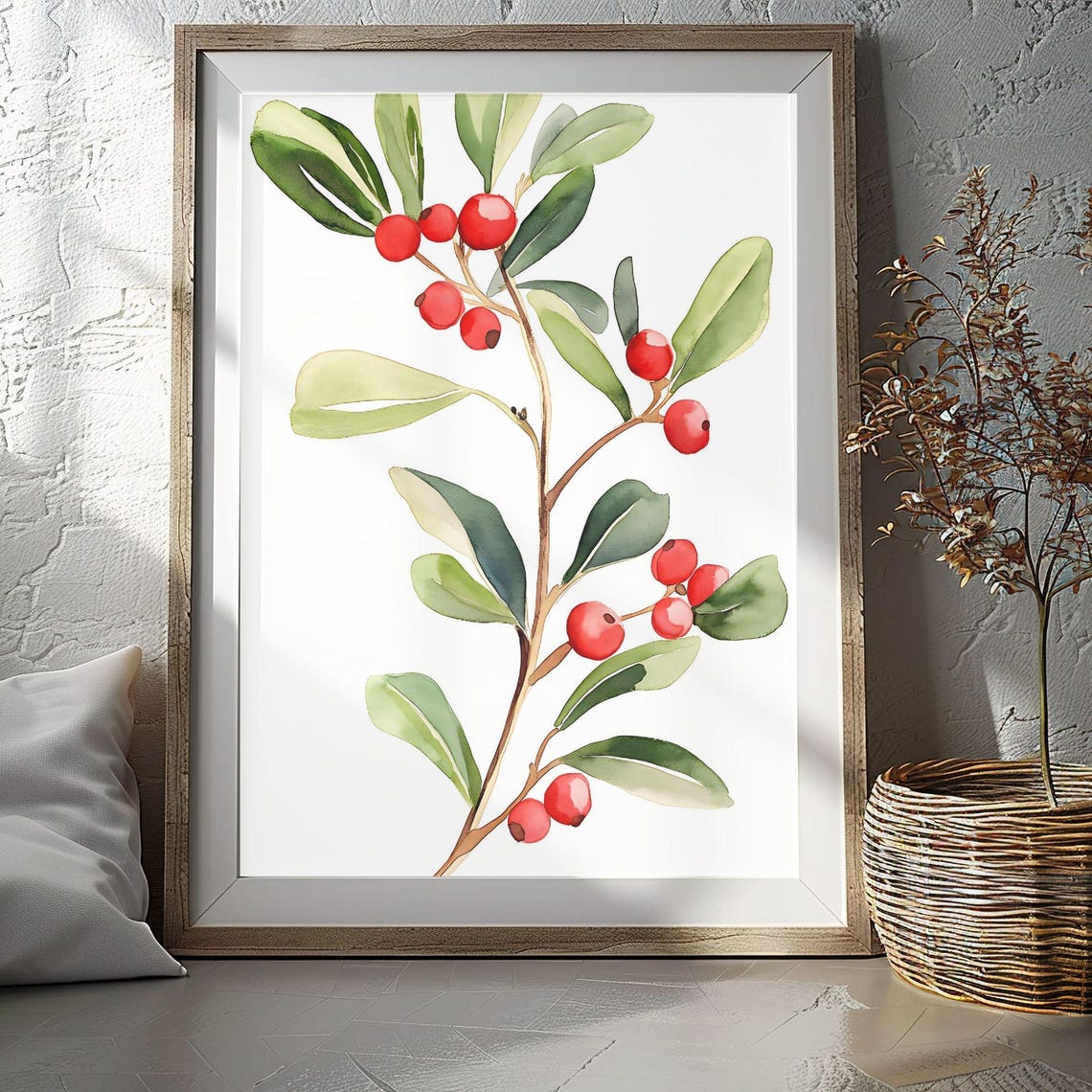 Winterberry Branch Watercolor Red Berries Rustic Christmas Poster