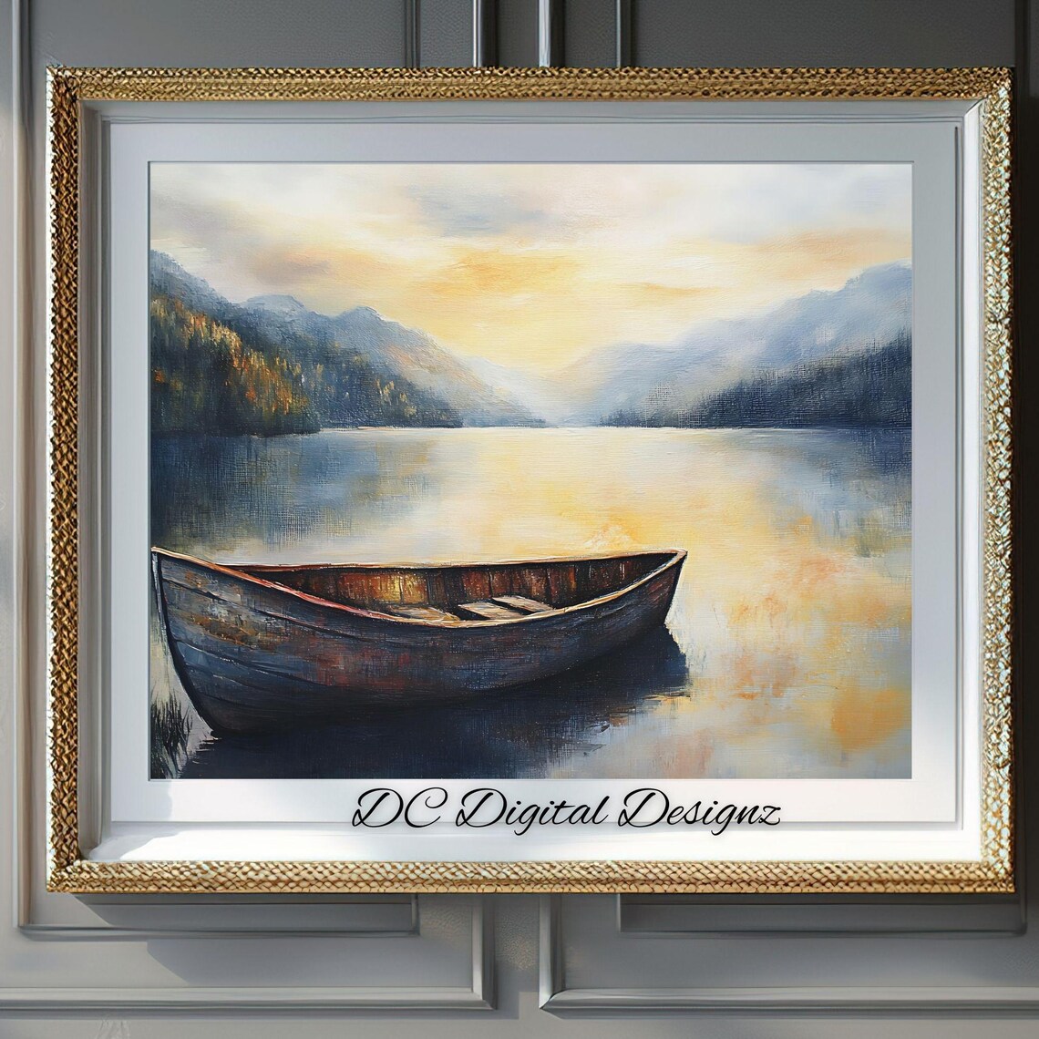 Weathered Wooden Canoe on Calm Lake Golden Sunrise Mountains Poster