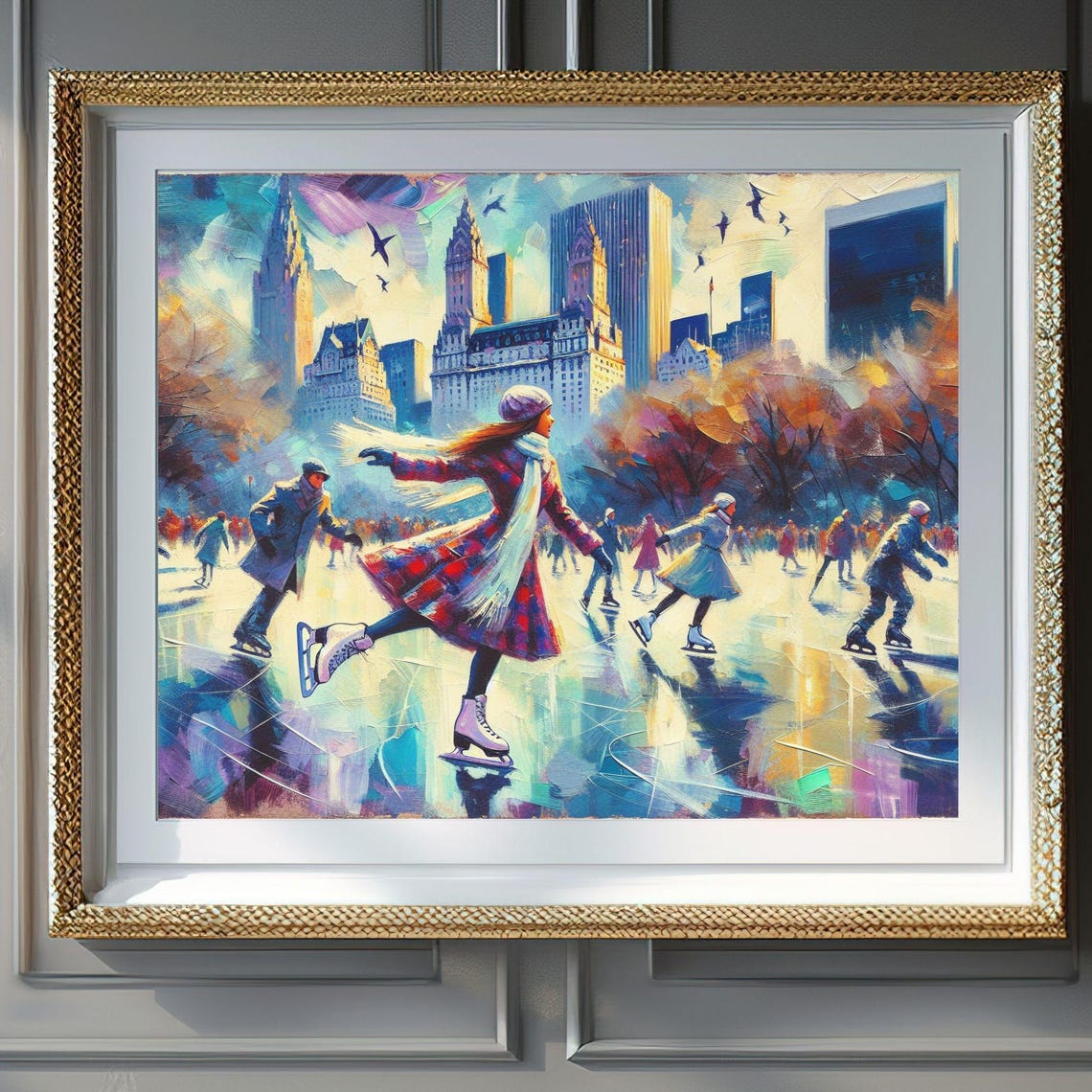 Central Park Ice Skaters New York Winter Impressionist Art Poster