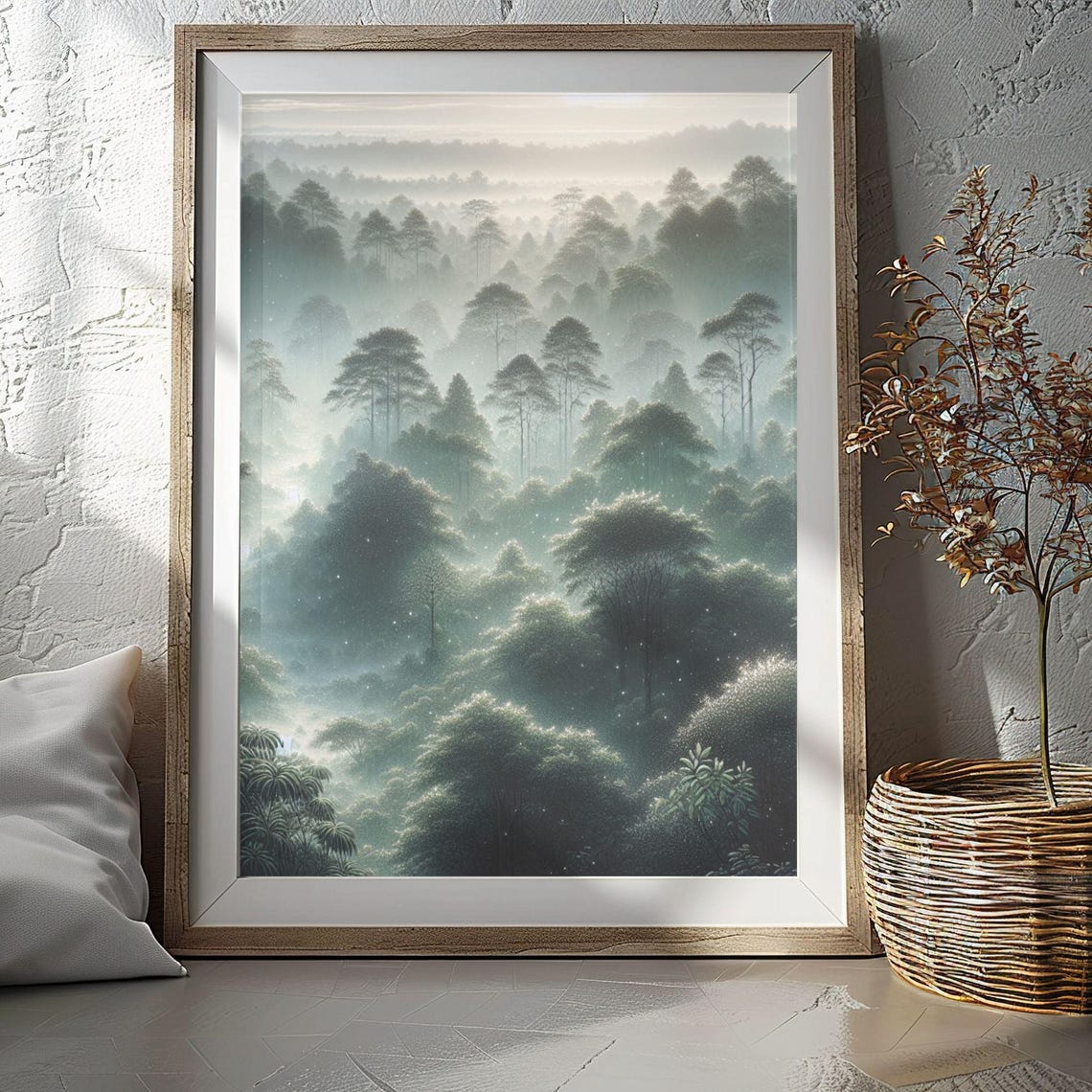 Serene Misty Morning Forest Foggy Woodland Landscape Wall Art
