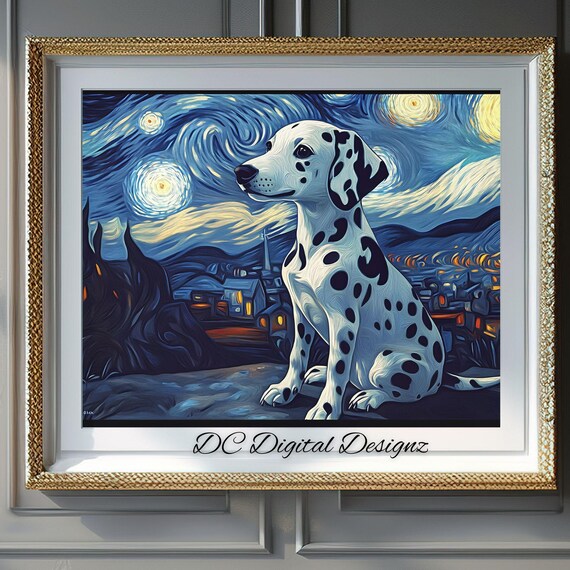 Dalmatian Starry Night Swirling Blue Sky Dog Portrait Poster