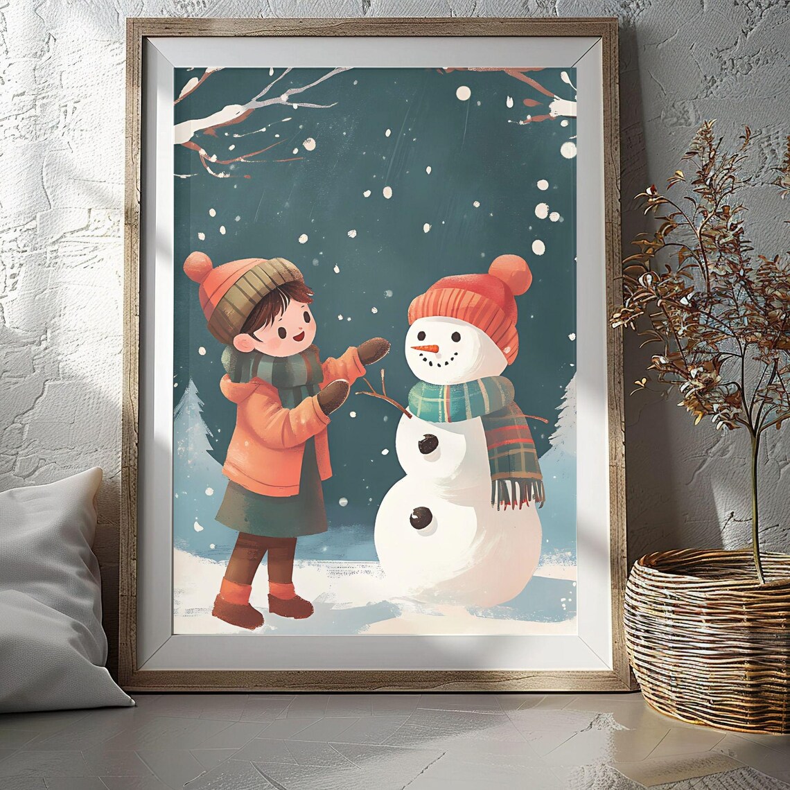 Child Dressing Snowman Winter Night Snowfall Kids Room Poster