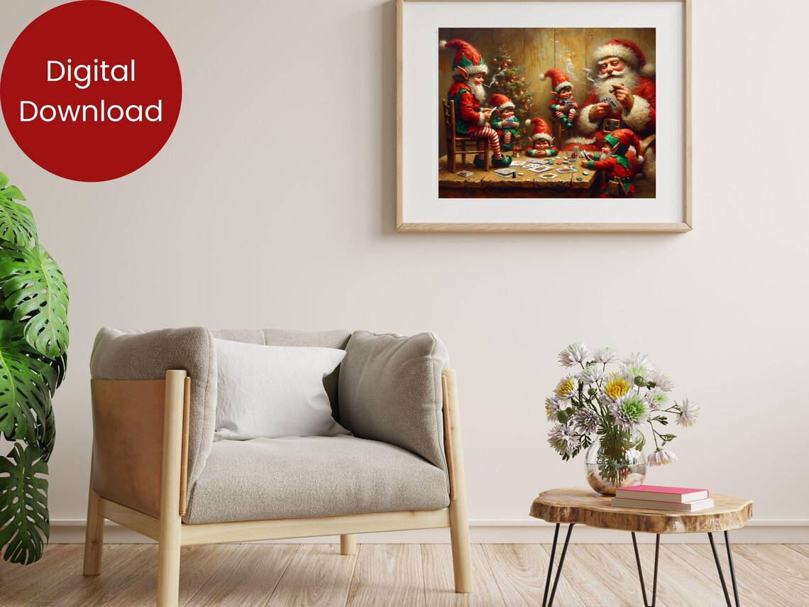 Santa Claus Playing Cards With Elves Cozy Cabin Holiday Poster - Image 2