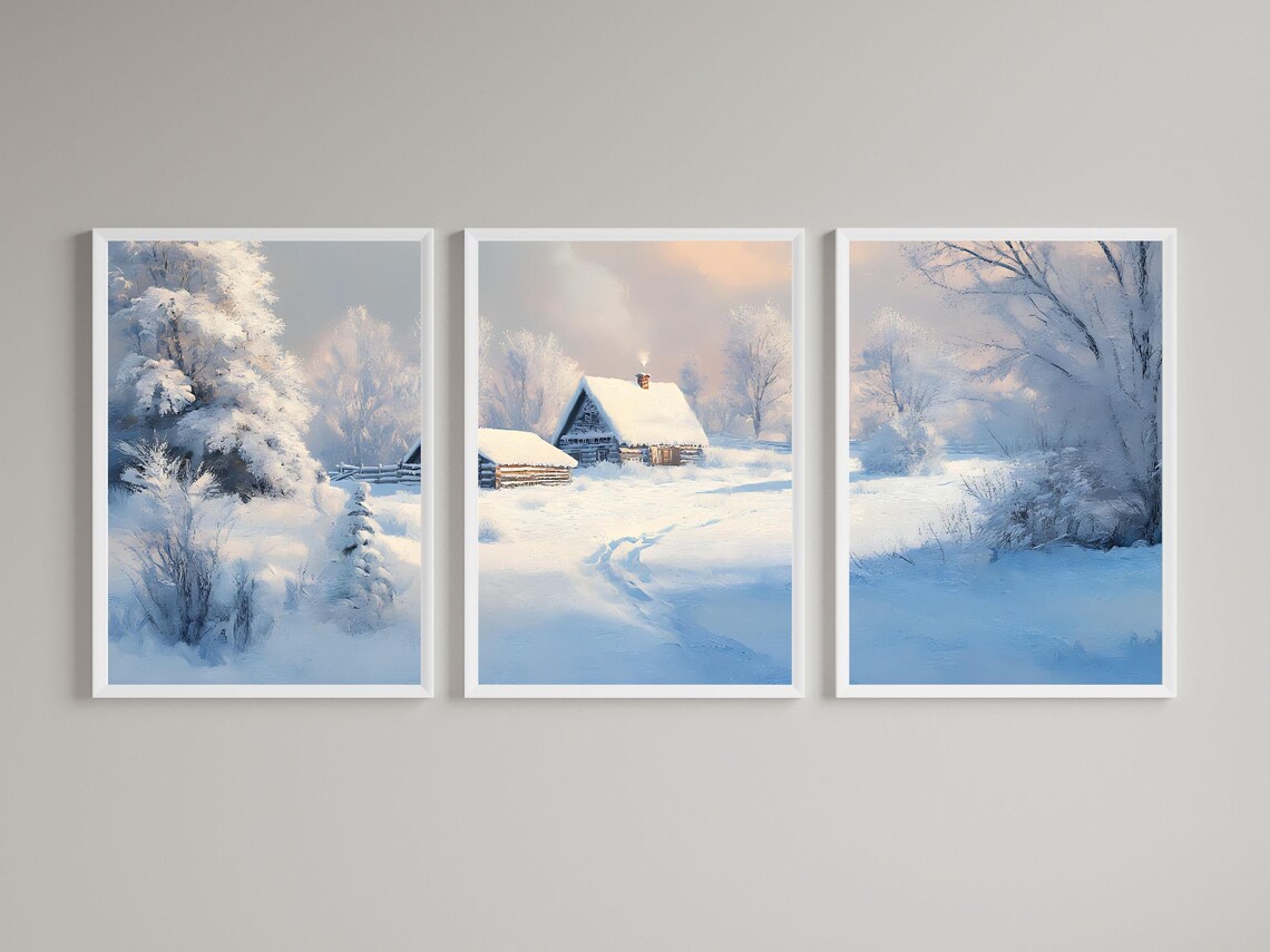 Snowy Log Cabin Winter Scene Triptych Oil Painting Rustic Home Decor Poster - Image 2