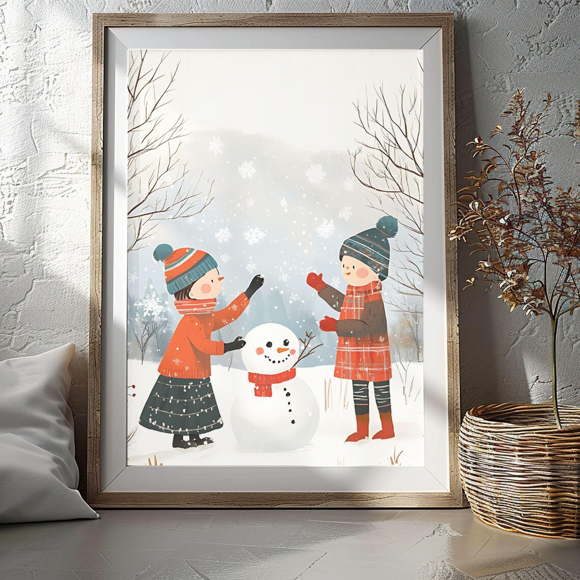 Two Girls Catching Snowflakes Snowman Winter Kids Art Poster