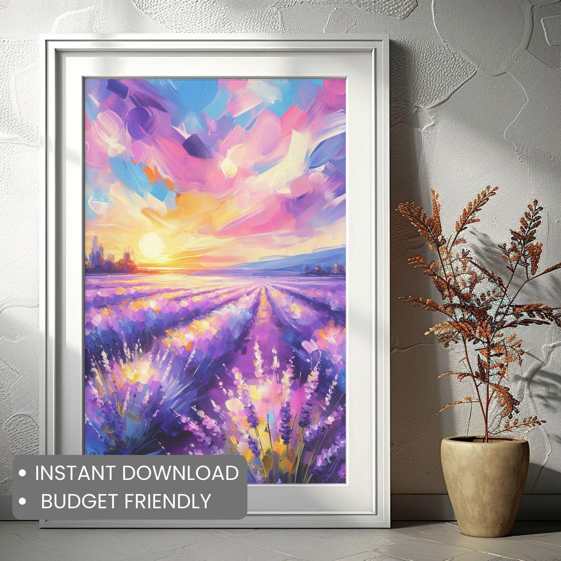 Lavender Field Sunset In Full Bloom Abstract Acrylic Art Poster - Image 2