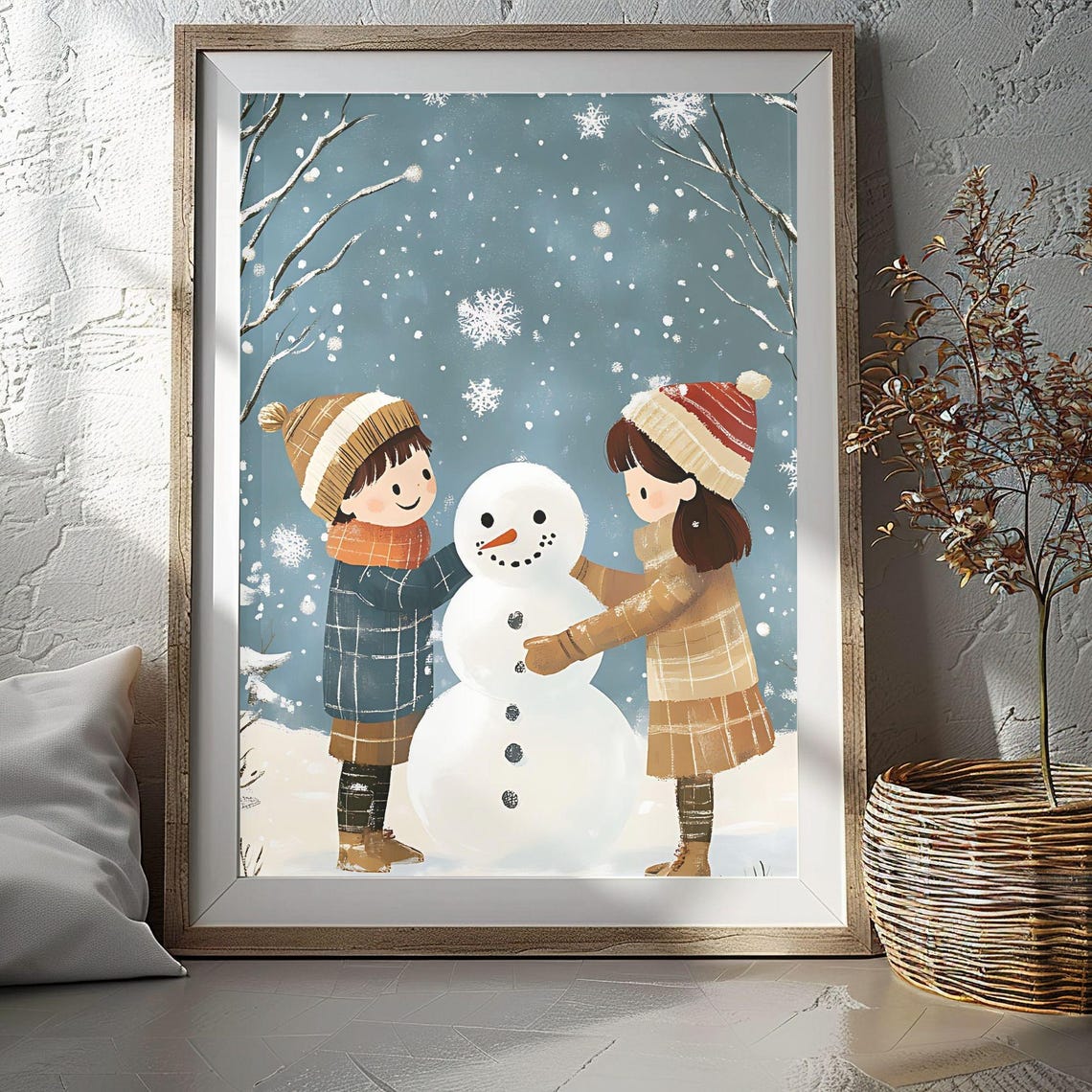 Two Happy Kids Building Snowman Falling Snow Winter Scene Poster
