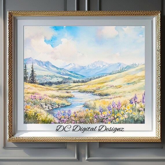Mountain Stream Valley Wildflower Meadow Watercolor Scenic Poster