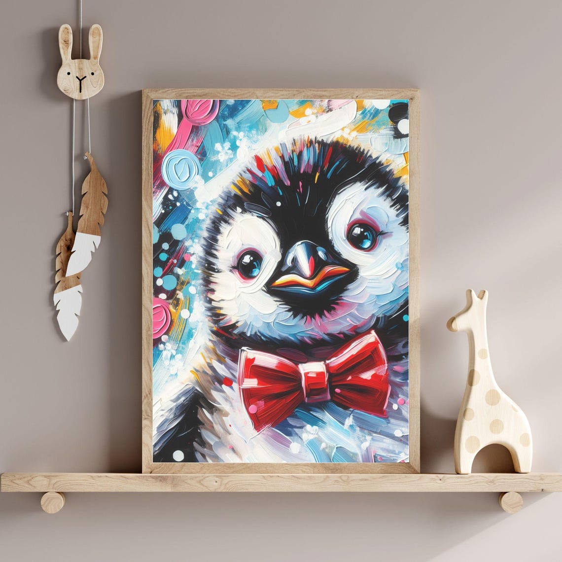 Colorful Pop Art Penguin Red Bow Tie Abstract Nursery Poster