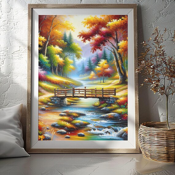 Rustic Autumn Forest Footbridge Over Stream Fall Foliage Poster