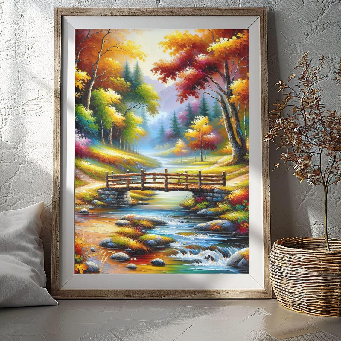 Rustic Autumn Forest Footbridge Over Stream Fall Foliage Poster