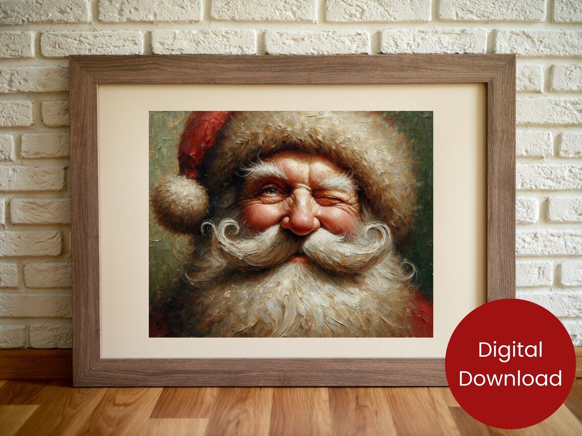 Winking Santa Claus Oil Painting Portrait Vintage Holiday Poster