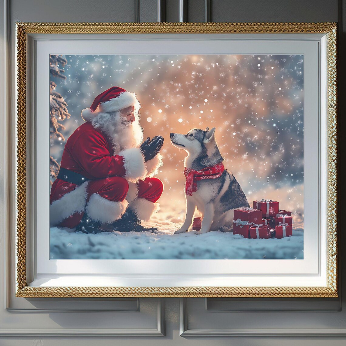 Santa Claus with Husky Dog in Snowy Festive Christmas Scene Poster