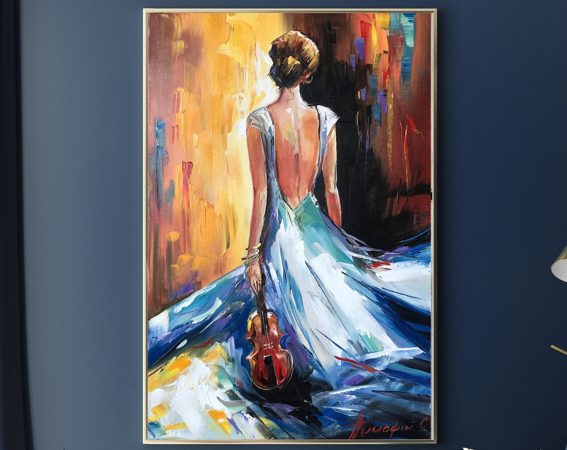 Elegant Woman Back Painting Silhouette Art With Background Violinist Gift Original Women Figure Oil Painting Modern Wall Art Music Gifts - Image 3