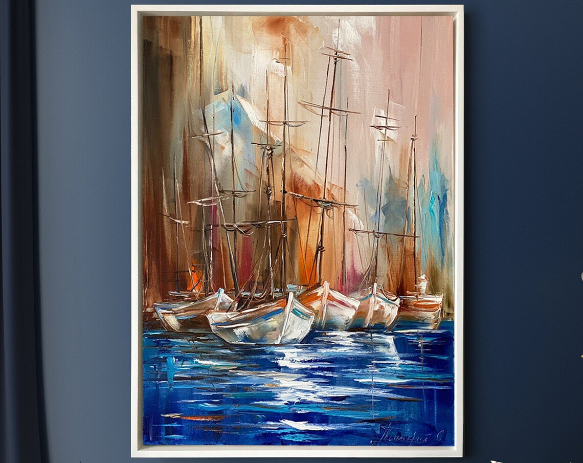 Sail Boat Painting Painting On Harbor Painting Original Sail Boat Wall Art Custom Boat Oil Painting Framed Sailboat Art - Image 2