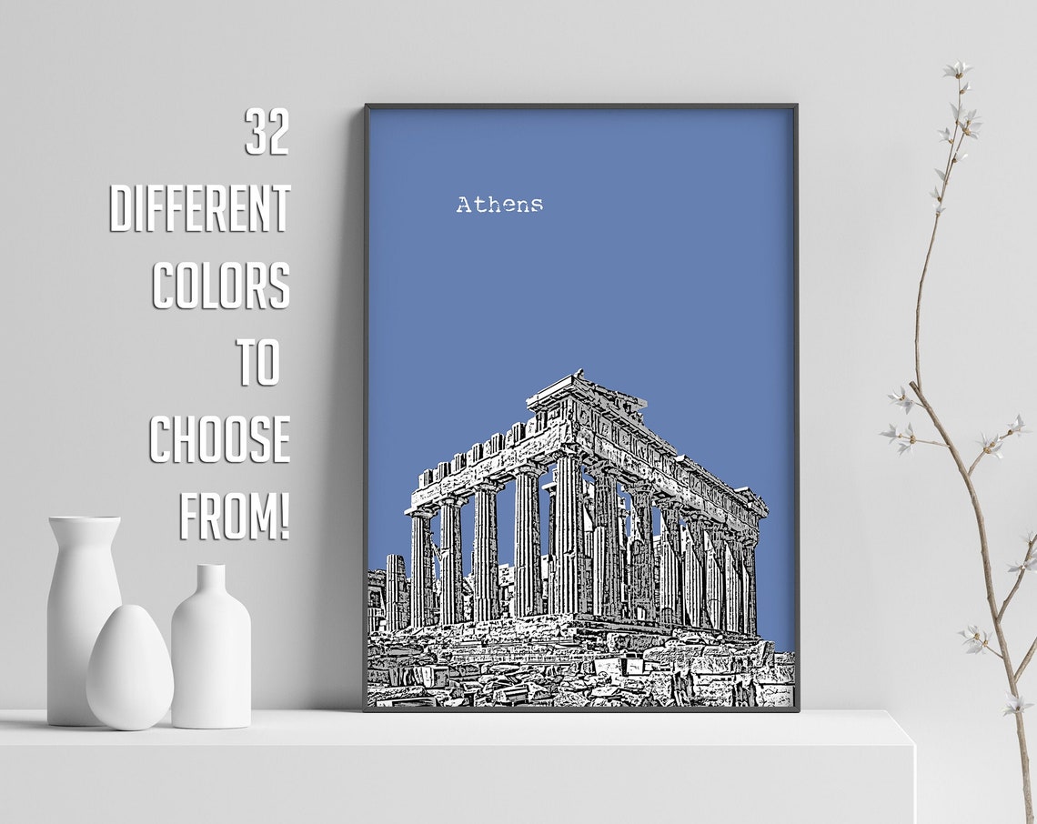 Athens Blue Pop Art Parthenon Ancient Columns Sketch Print Decor