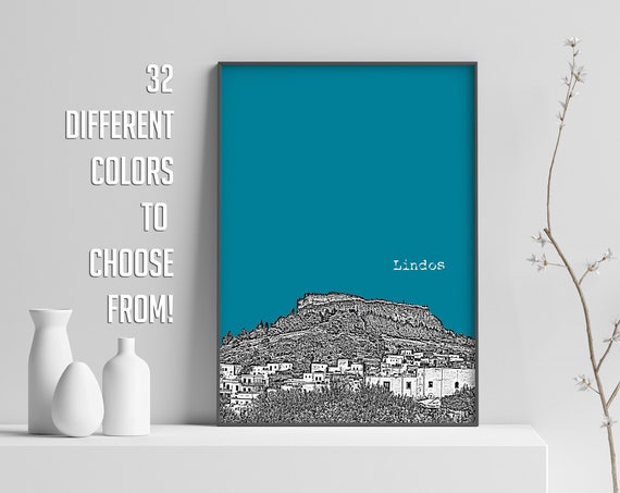 Lindos City Poster Skyline Wall Art Living Room Wall Decor Modern Travel Poster Rhodes Island Greece Cityscape