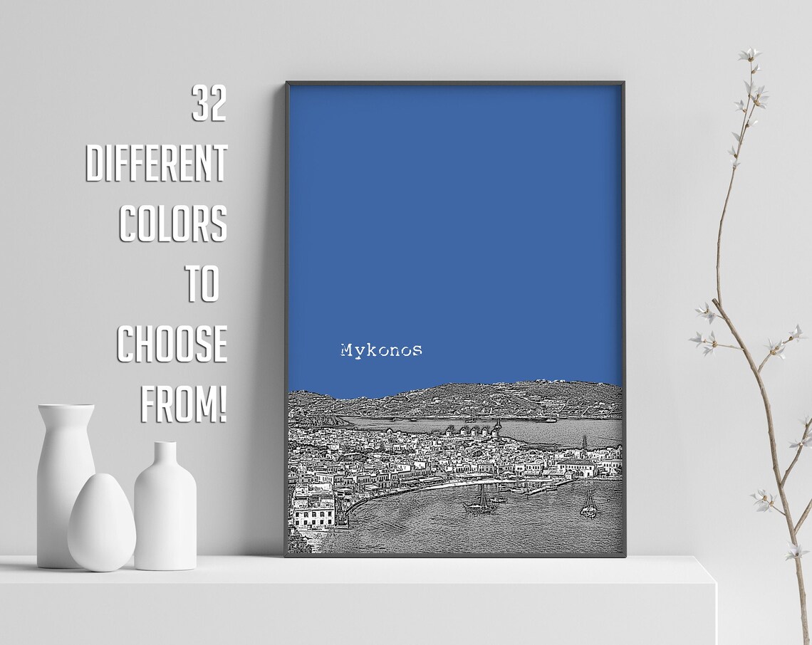 Mykonos Blue Pop Art Greek Island Harbor Town Sketch Print Decor - Image 3